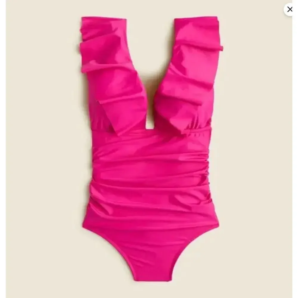 J. Crew Pink Ruffle One Piece Swimsuit NWT Size 14 - Picture 1 of 10